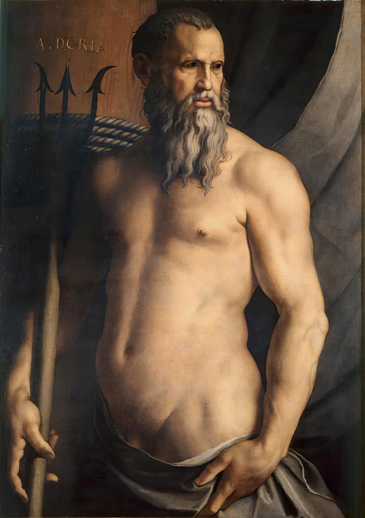 Portrait of Andrea Doria as Neptune by Bronzino — A bearded man with a trident stands before a grey drape