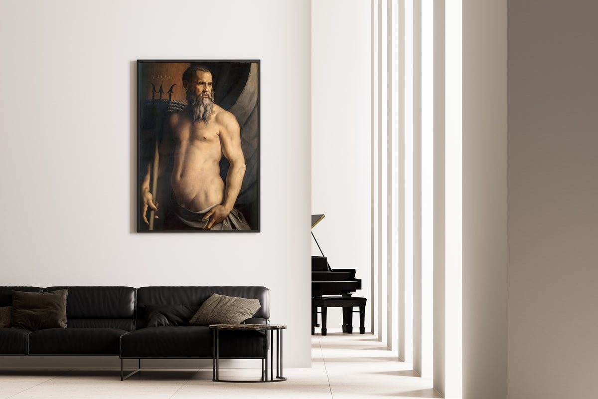 Framed art print of Portrait of Andrea Doria as Neptune by Bronzino, on the wall of a minimal living room