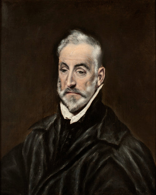 Portrait of Antonio de Covarrubias y Leiva by El Greco — A grey-bearded man in black, his gaze lowered, against dark brown