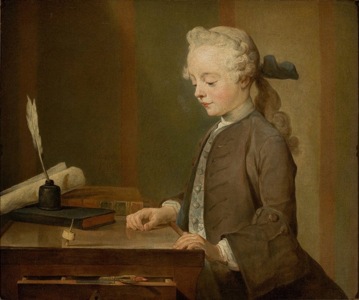 Portrait of Auguste Gabriel Godefroy by Jean-Siméon Chardin — A boy in a powdered wig watches a top spin on a writing table