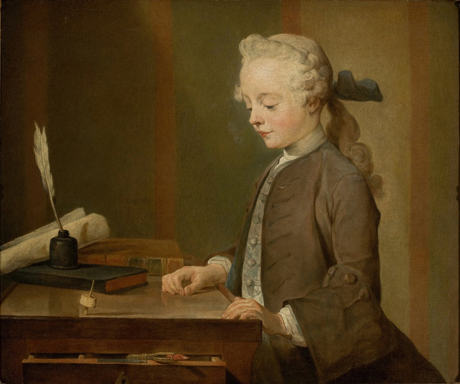 Jean-Siméon Chardin — Portrait of Auguste Gabriel Godefroy | Fine Art Print shown to scale on a wall above a sofa