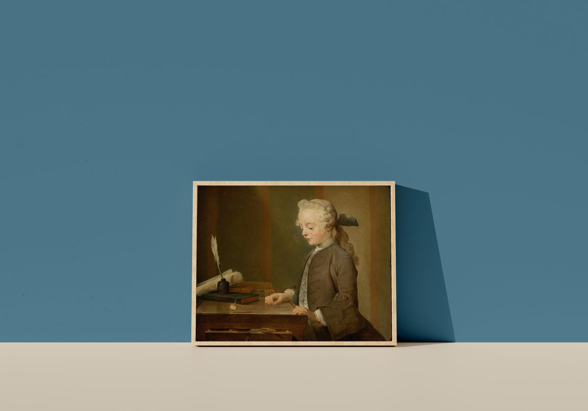 Framed art print of Portrait of Auguste Gabriel Godefroy by Jean-Siméon Chardin, in a light wood frame leaning on a blue wall