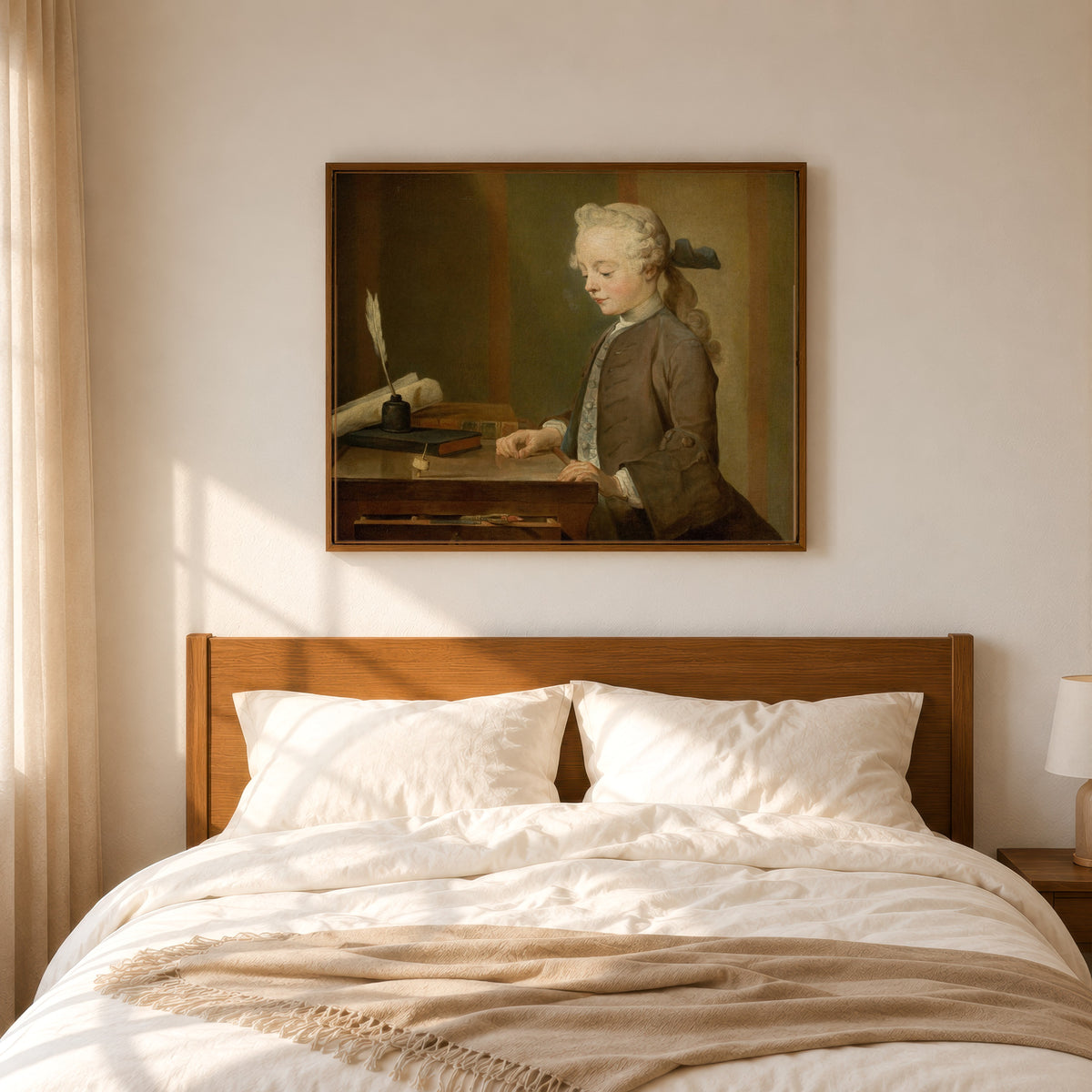 Framed art print of Portrait of Auguste Gabriel Godefroy by Jean-Siméon Chardin, in a slim wood frame above a bed in a sunlit bedroom