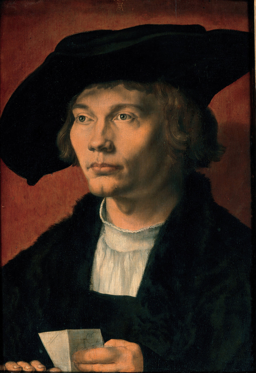 Albrecht Dürer — Portrait of Bernhart von Reesen | Fine Art Print shown to scale on a wall above a sofa