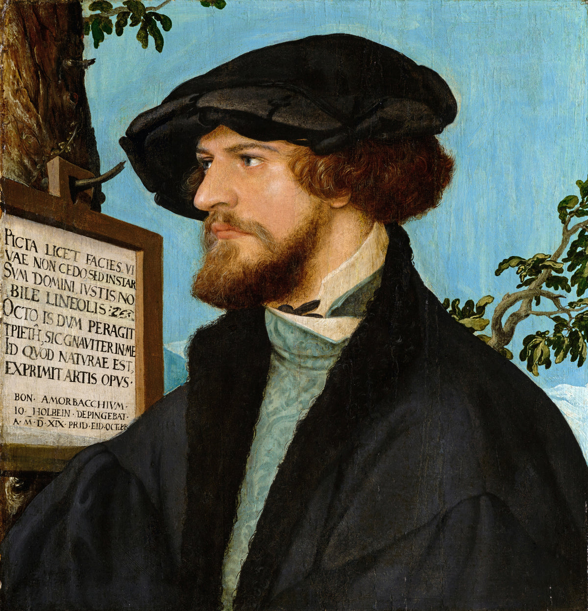Portrait of Bonifacius Amerbach by Hans Holbein the Younger — A bearded young man in profile beside a tablet of Latin verse