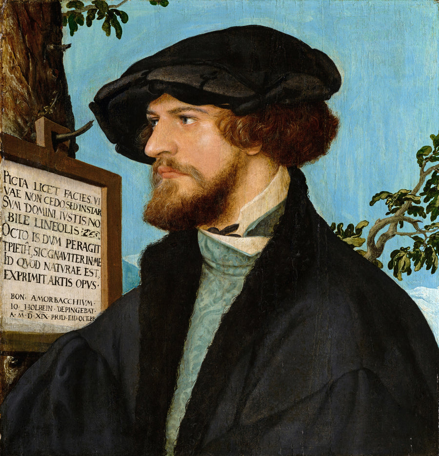 Hans Holbein the Younger — Portrait of Bonifacius Amerbach | Fine Art Print shown to scale on a wall above a sofa