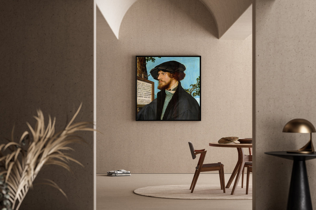 Framed art print of Portrait of Bonifacius Amerbach by Hans Holbein the Younger, in a sunlit dining corner