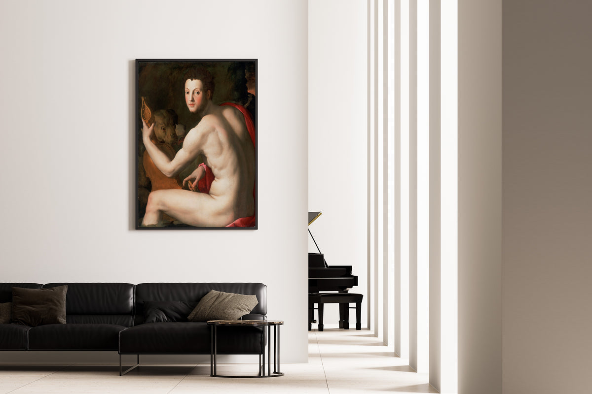 Framed art print of Portrait of Cosimo I de’ Medici as Orpheus by Bronzino, on the wall of a minimal living room