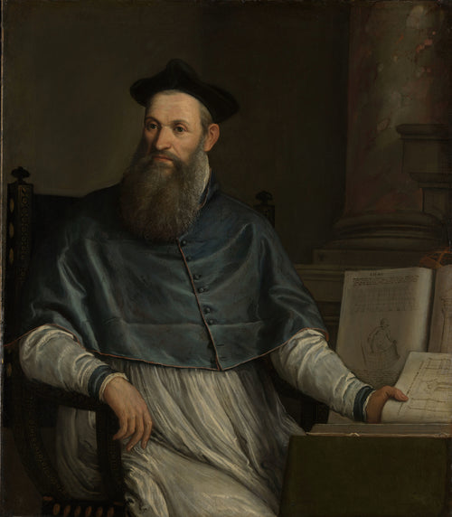 Portrait of Daniele Barbaro by Paolo Veronese — A bearded man in a blue cape rests a hand on an open book