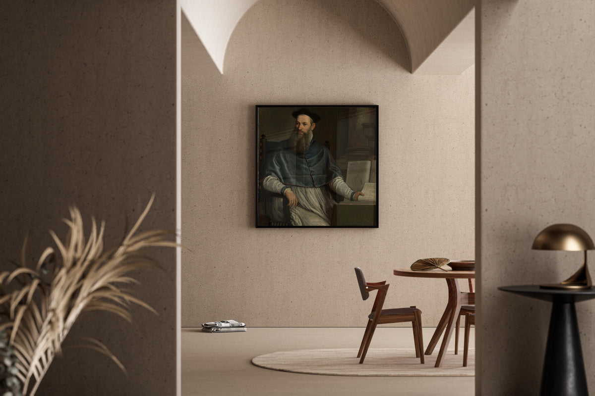 Framed art print of Portrait of Daniele Barbaro by Paolo Veronese, in a sunlit dining corner