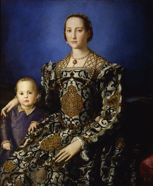 Portrait of Eleanor of Toledo with Her Son Giovanni de’ Medici by Bronzino — A woman in silver brocade sits before blue, her son at her side