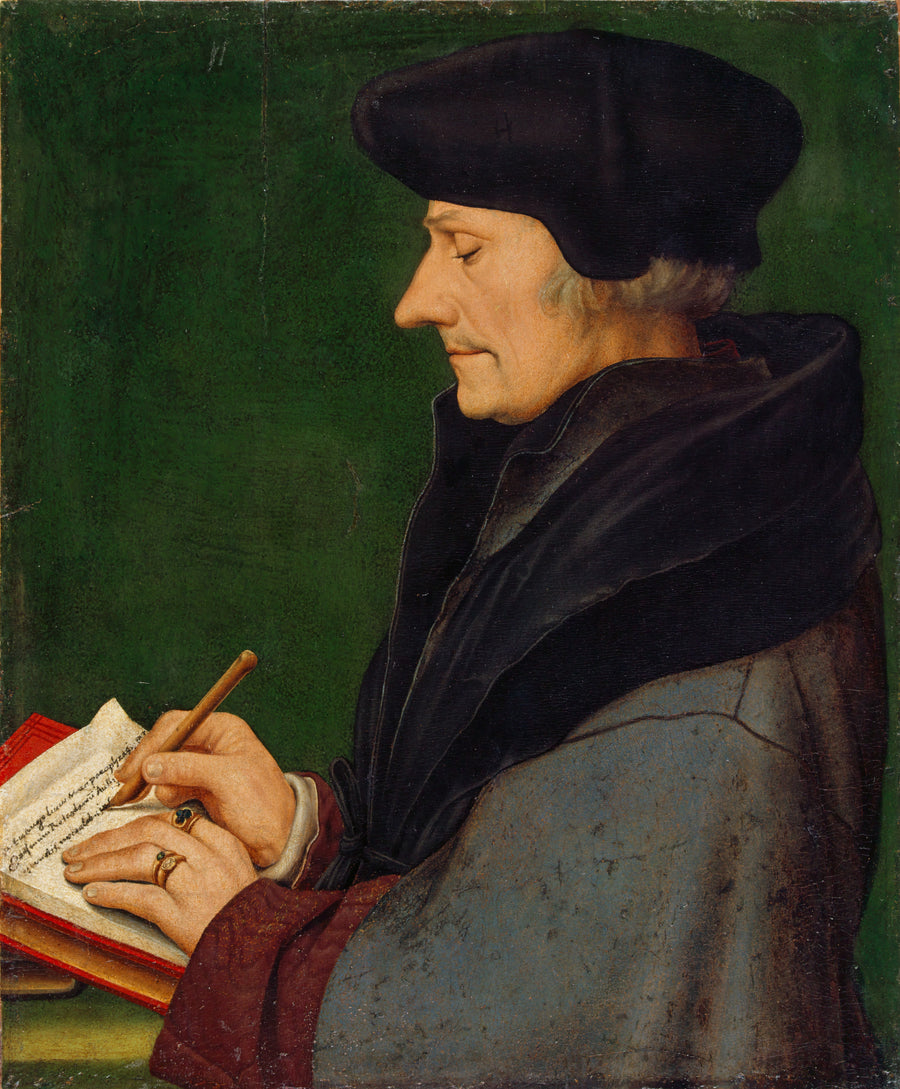 Hans Holbein the Younger — Portrait of Erasmus of Rotterdam Writing | Fine Art Print shown to scale on a wall above a sofa