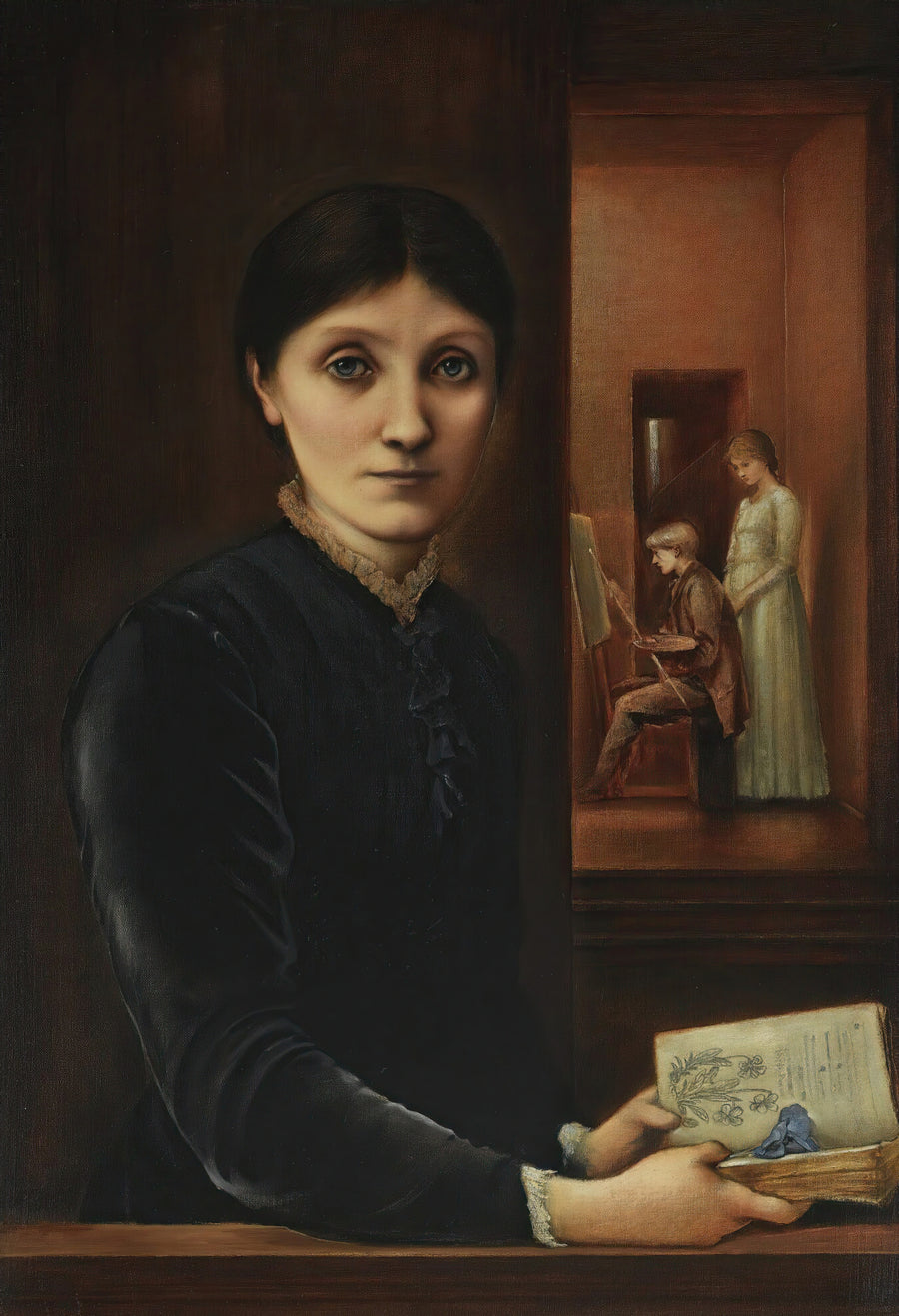 Edward Burne-Jones — Portrait of Georgiana Burne-Jones (with Philip and Margaret) | Pre-Raphaelite Art Print shown to scale on a wall above a sofa