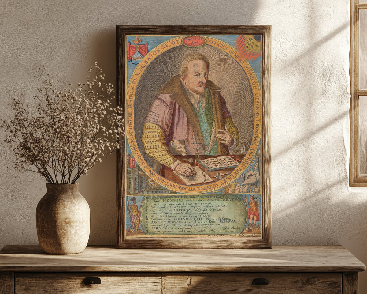 Framed art print of Heinrich Khunrath by Jan Diricks van Campen, in a dark wood frame leaning on a rustic console beside dried flowers