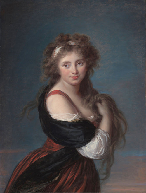 Portrait of Hyacinthe-Gabrielle Roland, Marchioness Wellesley by Élisabeth Louise Vigée Le Brun — A woman with tousled curls glances back over a black shawl