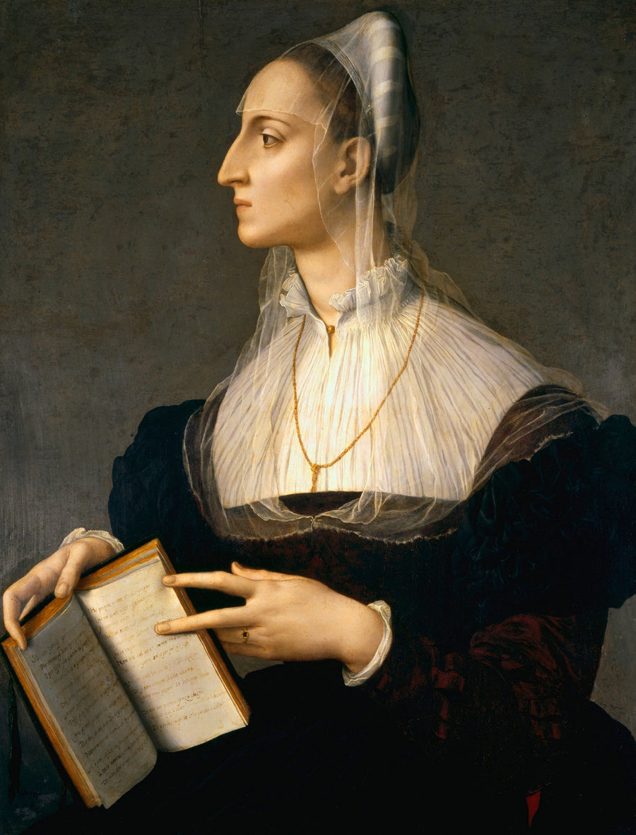 Bronzino — Portrait of Laura Battiferri | Fine Art Print shown to scale on a wall above a sofa