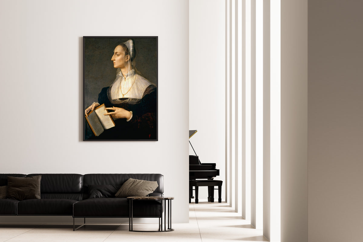 Framed art print of Portrait of Laura Battiferri by Bronzino, on the wall of a minimal living room