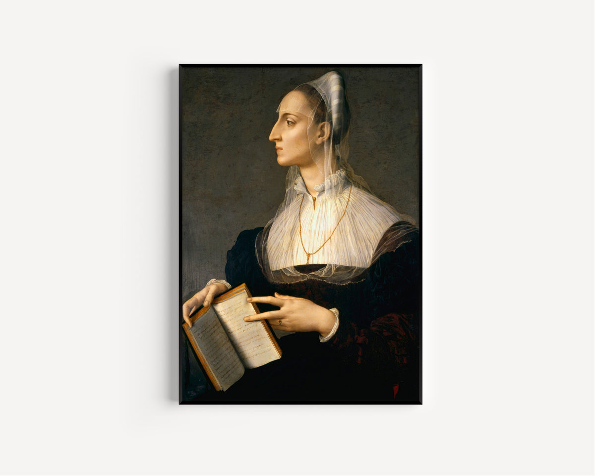 Framed art print of Portrait of Laura Battiferri by Bronzino, in a slim black frame on a plain white wall