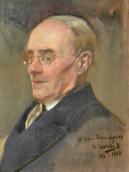 Portrait of Lluís Tramoyeres by Joaquín Sorolla — A balding man in gold spectacles, turned in three-quarter view