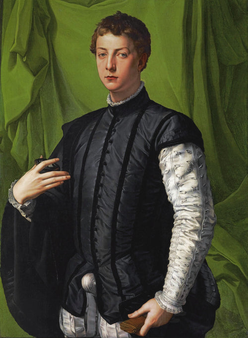 Portrait of Lodovico Capponi by Bronzino — A young man in black hides a medallion against a green drape