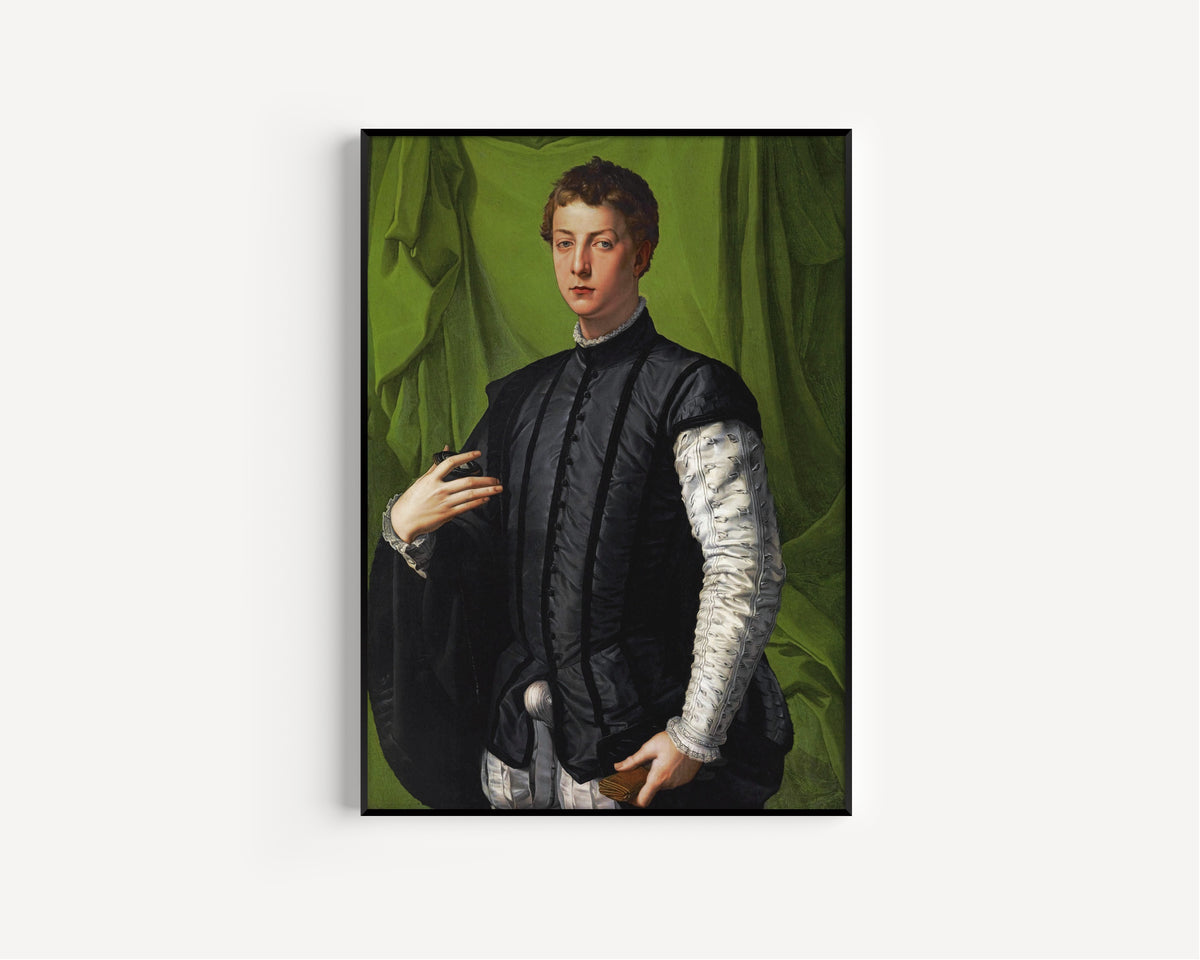 Framed art print of Portrait of Lodovico Capponi by Bronzino, in a slim black frame on a plain white wall
