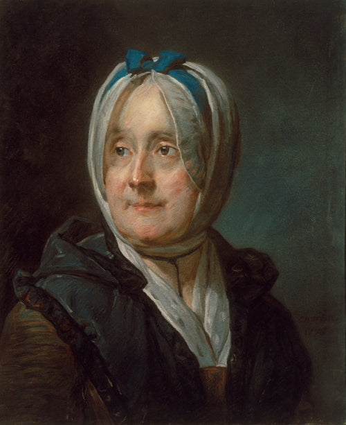 Portrait of Madame Chardin by Jean-Siméon Chardin — A woman in a white head-cloth with a blue bow, glancing aside