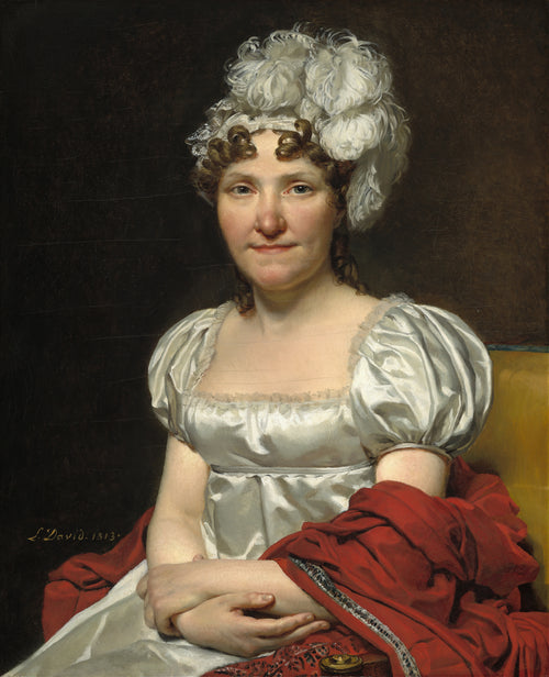 Portrait of Madame David by Jacques-Louis David — A woman in white satin and a plume of white feathers