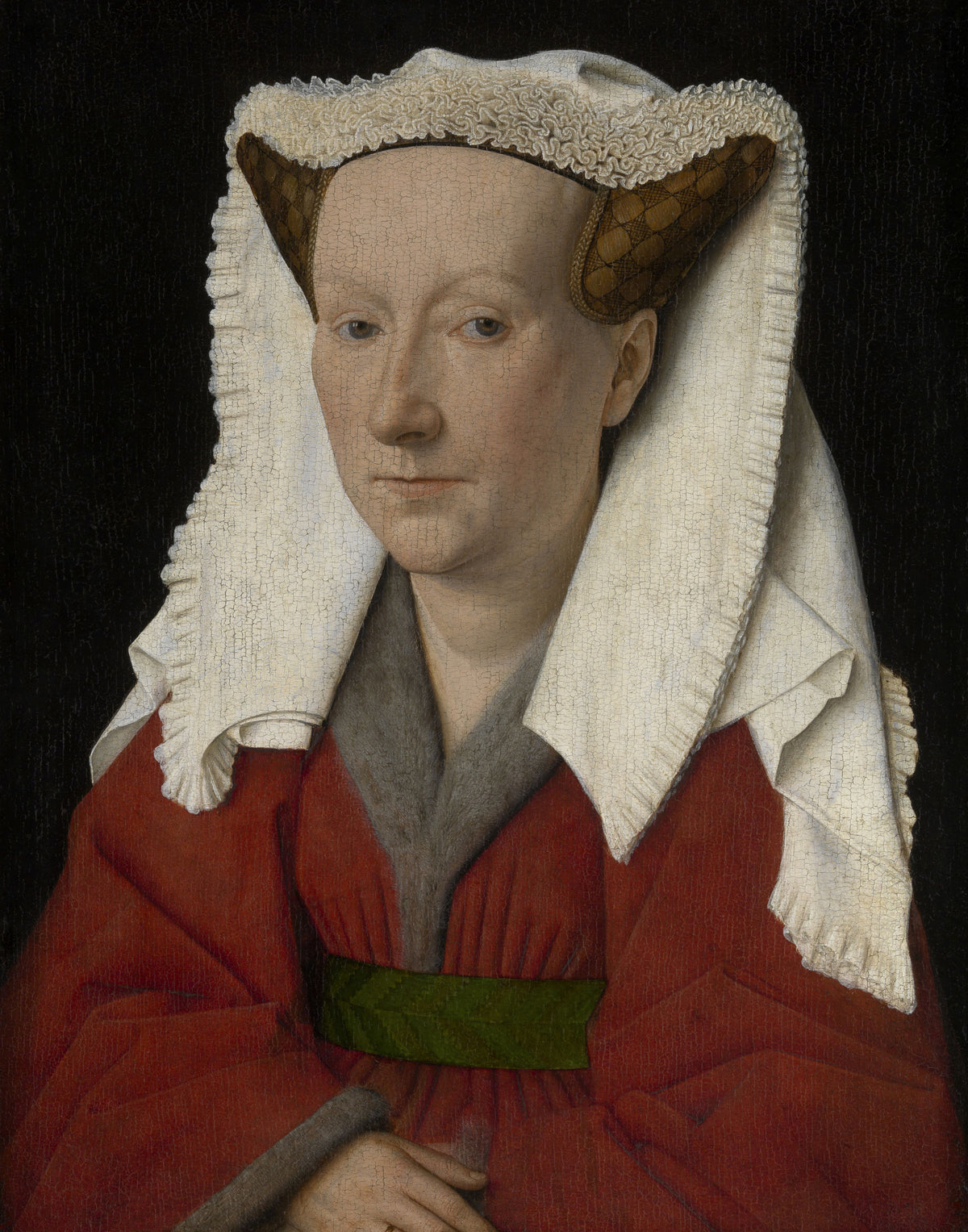 Portrait of Margareta van Eyck by Jan van Eyck — A woman in white linen and red gazes out of a black ground