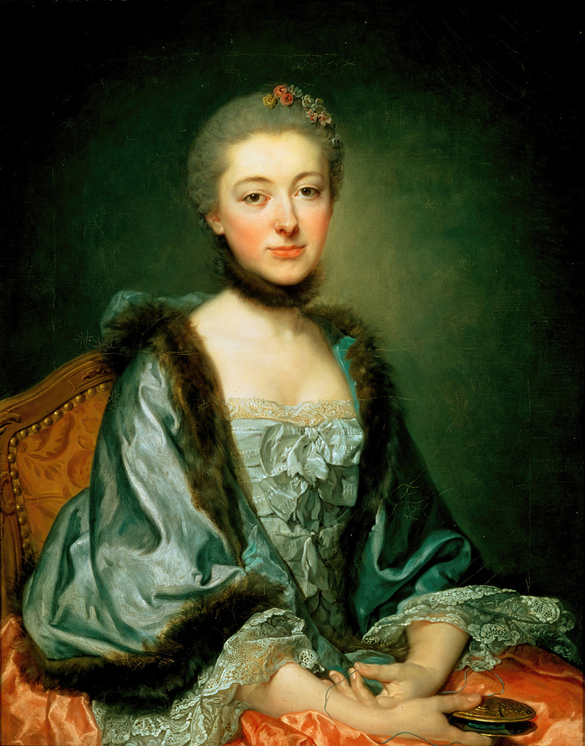 Portrait of Marie Angélique Vérany de Varennes, Mme Georges Gougenot de Croissy by Jean-Baptiste Greuze — A woman in pale blue satin and fur holds a blue