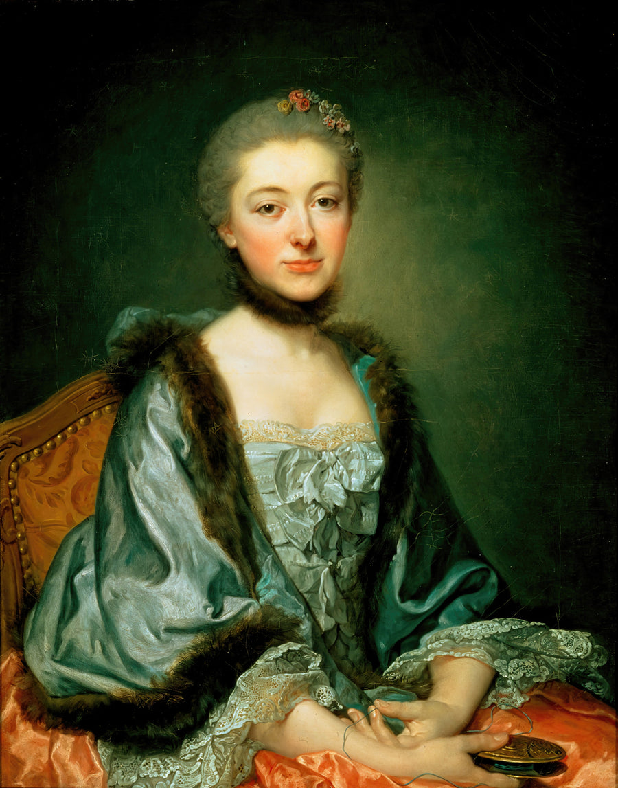 Jean-Baptiste Greuze — Portrait of Marie Angélique Vérany de Varennes, Mme Georges Gougenot de Croissy | Fine Art Print shown to scale on a wall above a sofa