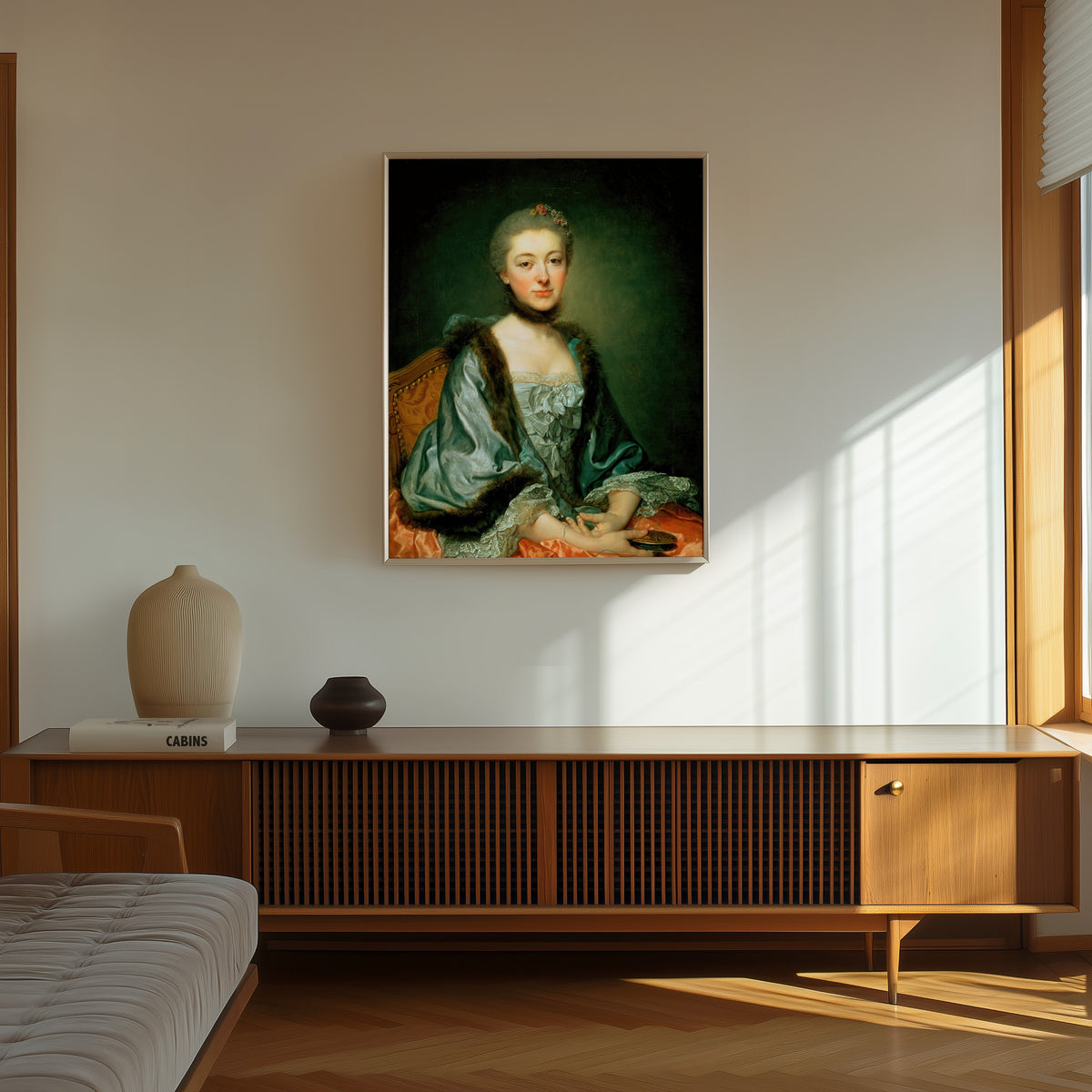 Framed art print of Portrait of Marie Angélique Vérany de Varennes… by Jean-Baptiste Greuze, in a thin light frame on a sunlit wall above a wooden sideboard