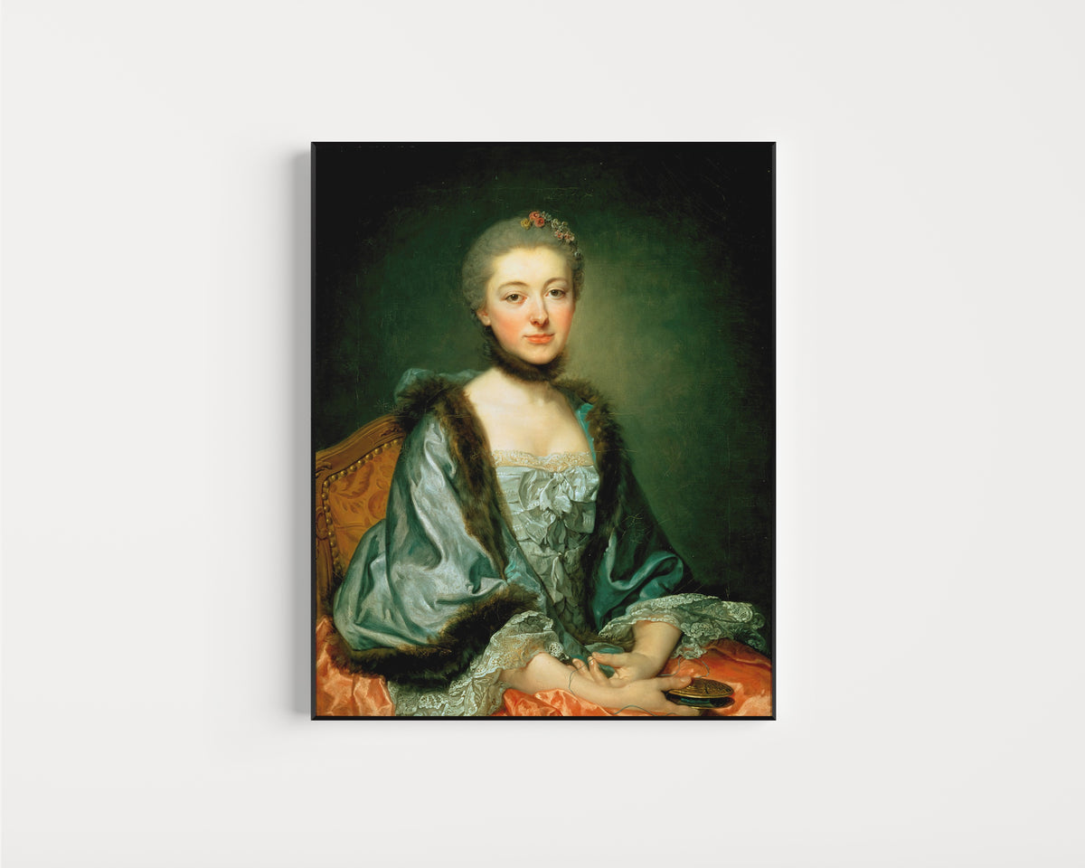 Framed art print of Portrait of Marie Angélique Vérany de Varennes, Mme Georges Gougenot… by Jean-Baptiste Greuze, in a slim black frame on a plain white wall