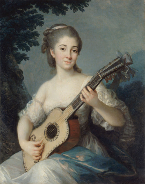 Portrait of Marie-Louise-Adélaïde-Jacquette de Robien, Vicomtesse de Mirabeau by Élisabeth Louise Vigée Le Brun — A woman with a guitar across her lap sits