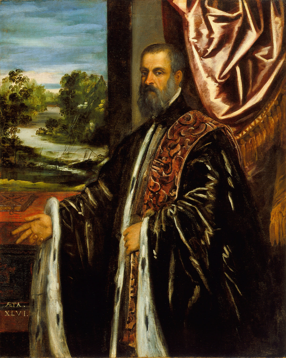 Portrait of Marino Grimani by Tintoretto — A grey-bearded man in black stands before a pink curtain