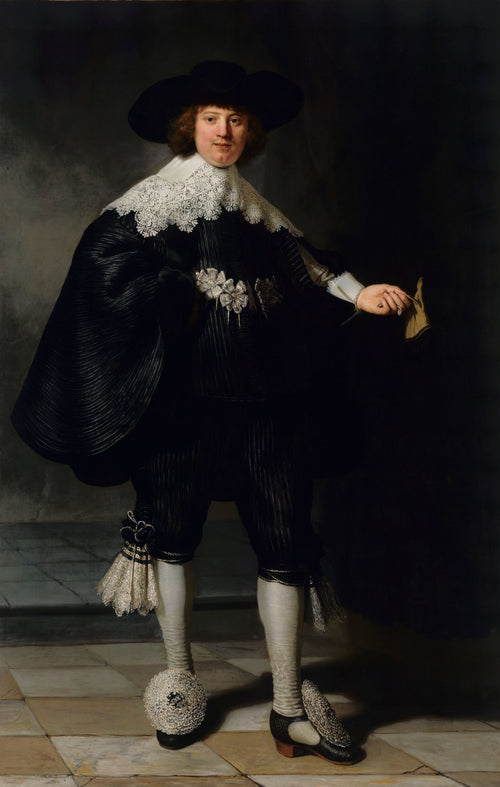 Portrait of Marten Soolmans by Rembrandt van Rijn — A young man in black silk and lace stands full length on a tiled floor