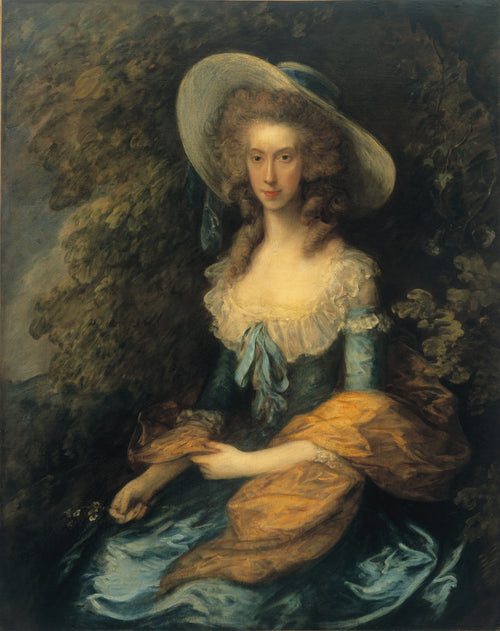 Portrait of Miss Evans by Thomas Gainsborough — A young woman in a wide pale hat sits in a thicket of dark leaves