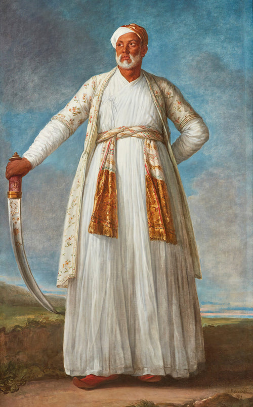 Portrait of Muhammad Dervish Khan by Élisabeth Louise Vigée Le Brun — A tall man in white muslin grips a curved sword in open country