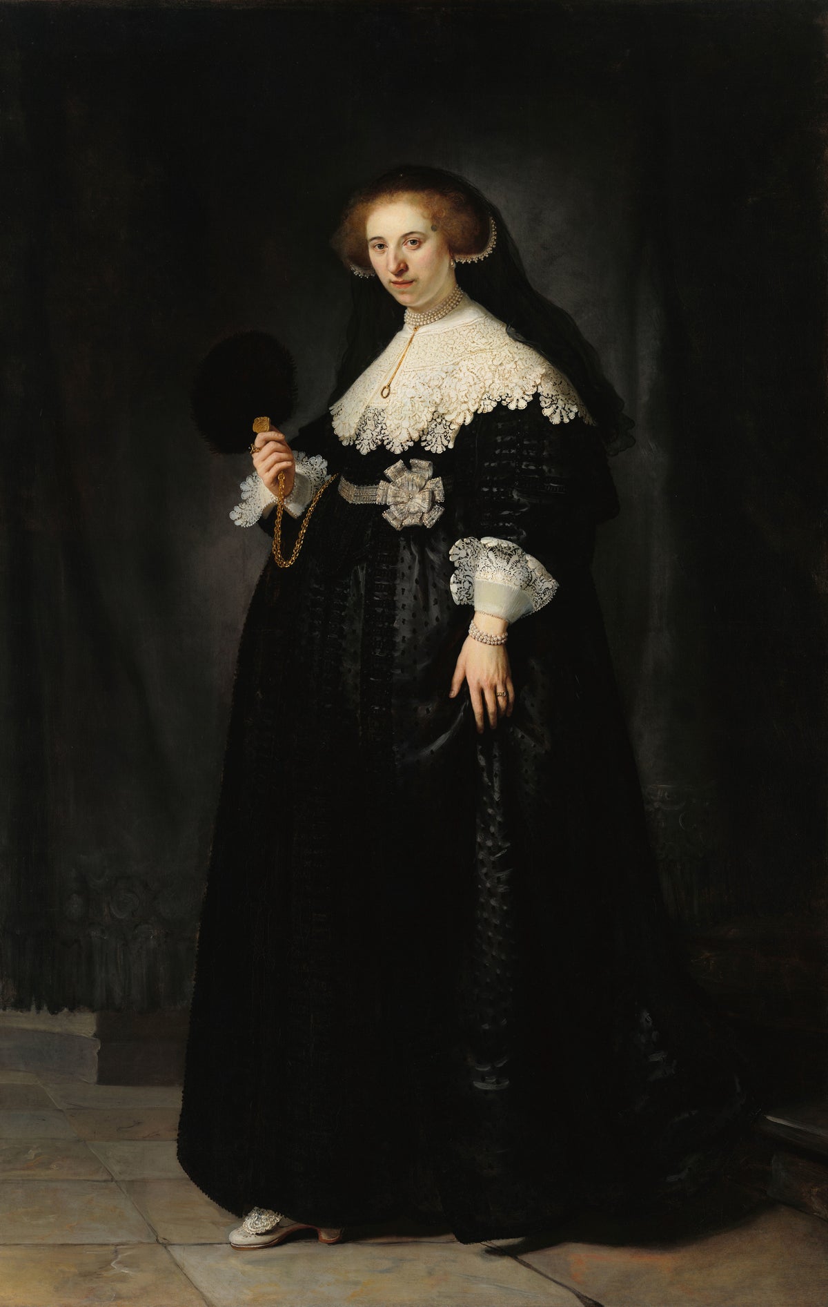 Portrait of Oopjen Coppit by Rembrandt van Rijn — A young woman in black and lace holds a feather fan on a stone floor