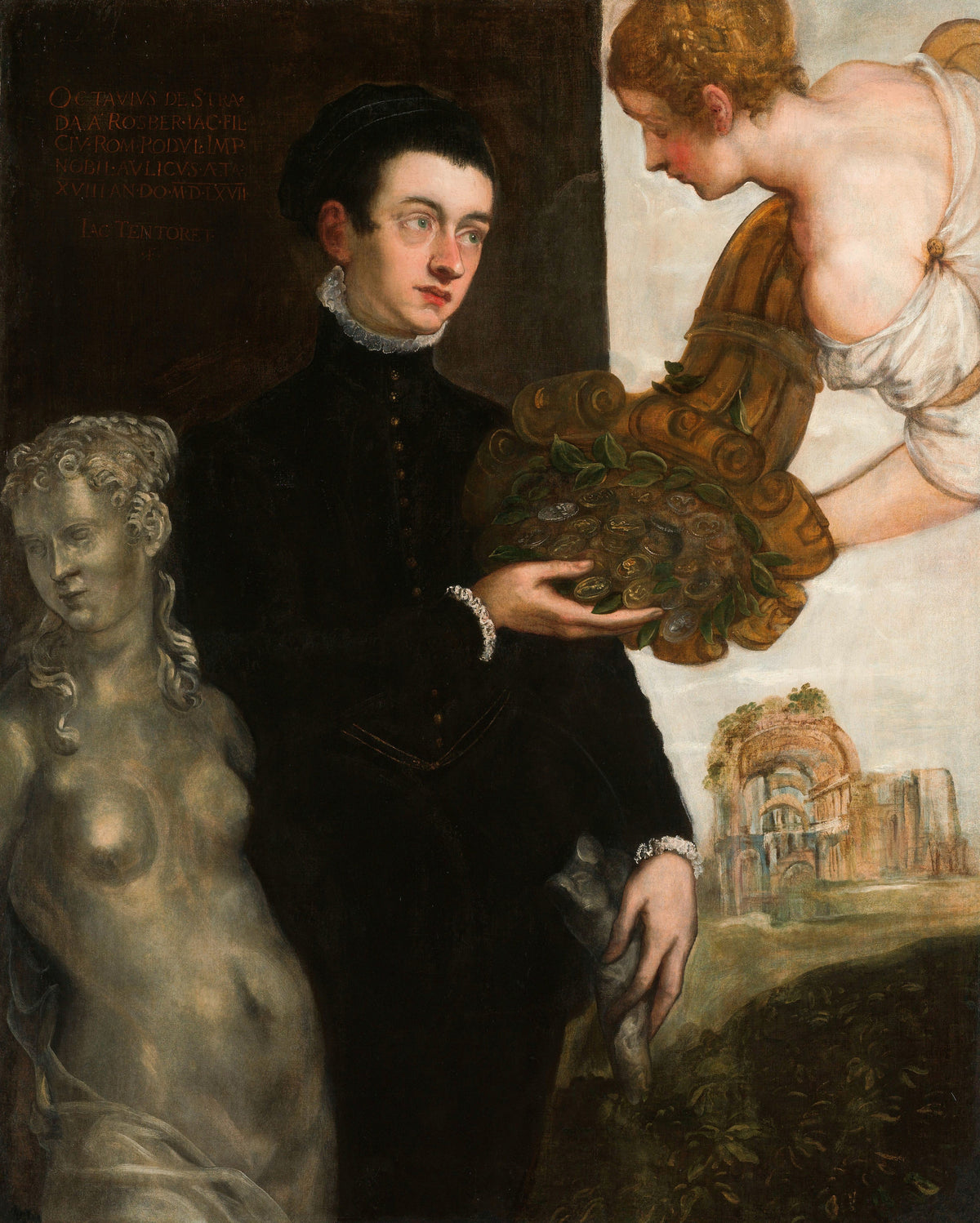 Portrait of Ottavio Strada by Tintoretto — A young man in black turns from a statue to a shower of coins