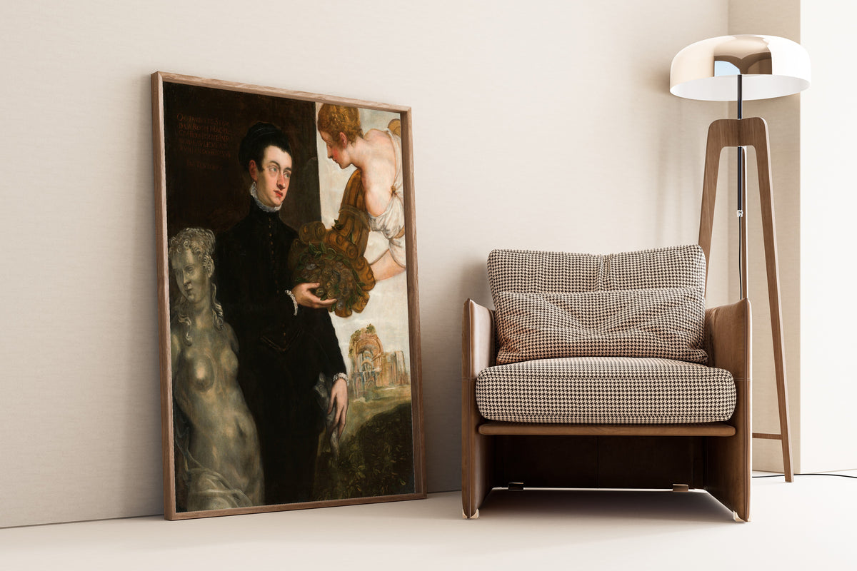 Framed art print of Portrait of Ottavio Strada by Tintoretto, leaning against a wall beside an armchair and a floor lamp