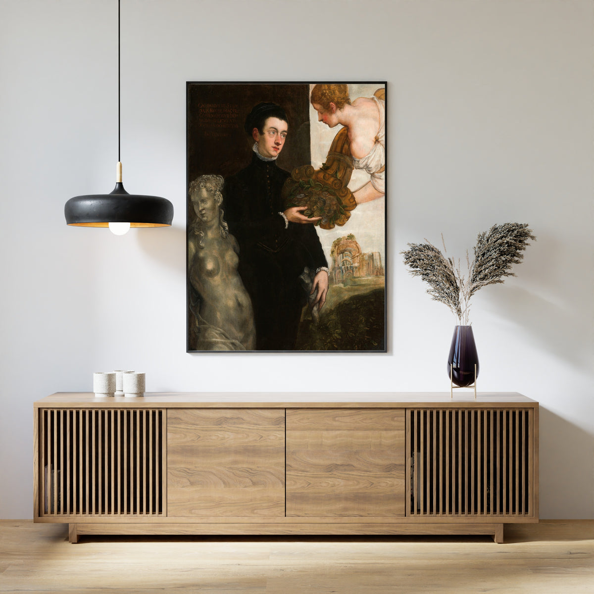 Framed art print of Portrait of Ottavio Strada by Tintoretto, above a slatted wood sideboard
