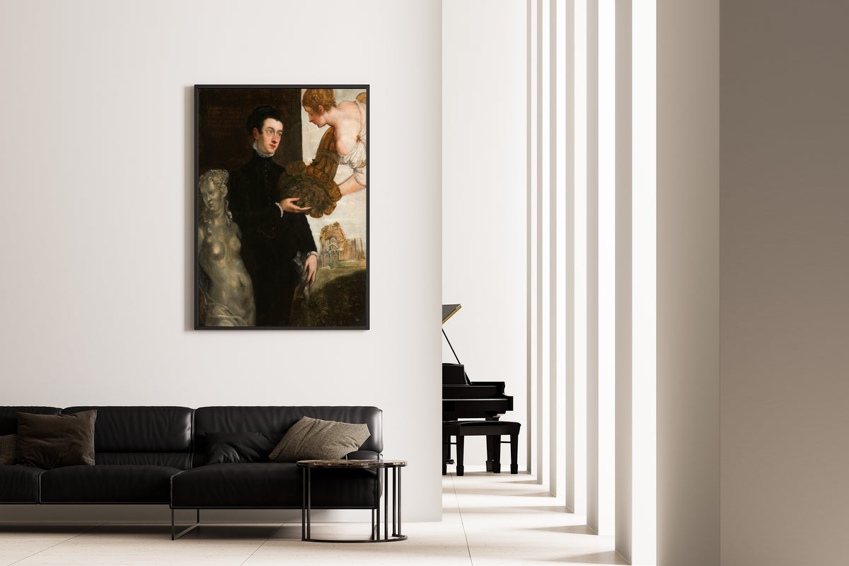 Framed art print of Portrait of Ottavio Strada by Tintoretto, on the wall of a minimal living room