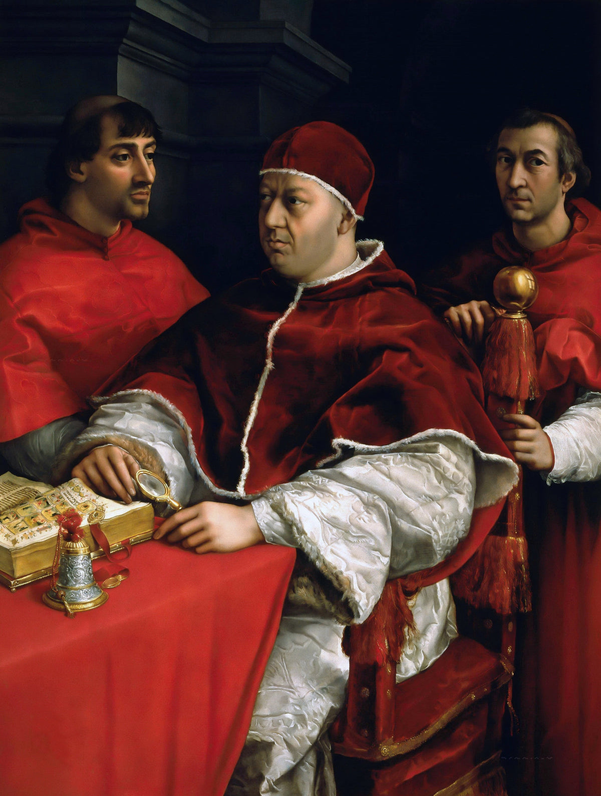 Portrait of Pope Leo X with Cardinals Giulio de’ Medici and Luigi de’ Rossi by Raphael — A pope in red velvet reads beside two cardinals