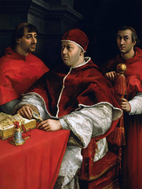 Portrait of Pope Leo X with Cardinals Giulio de’ Medici and Luigi de’ Rossi by Raphael — A pope in red velvet reads beside two cardinals