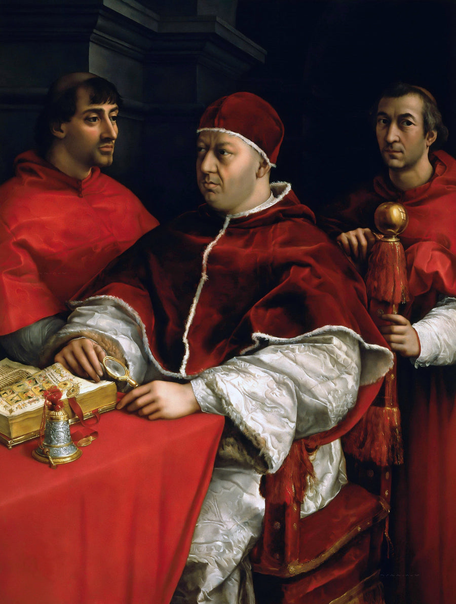 Raphael — Portrait of Pope Leo X with Cardinals Giulio de’ Medici and Luigi de’ Rossi | Fine Art Print shown to scale on a wall above a sofa