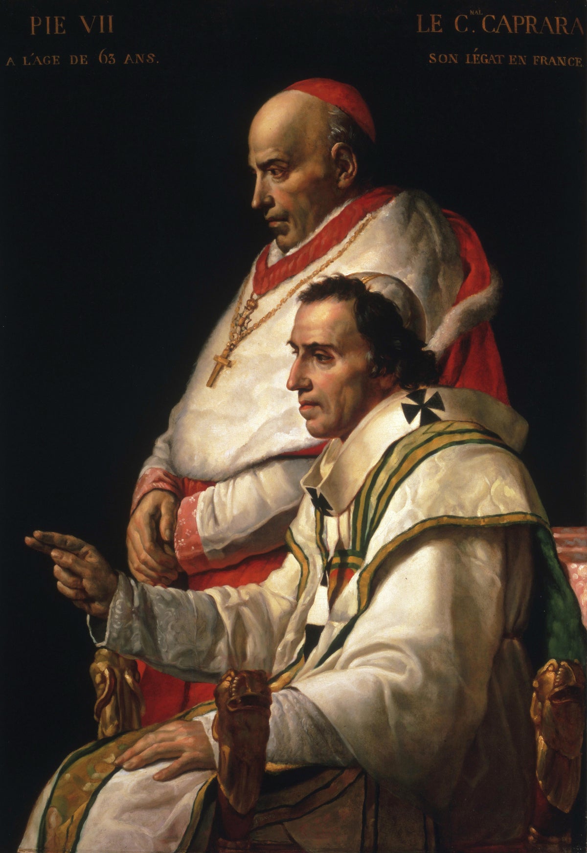 Portrait of Pope Pius VII and Cardinal Caprara by Jacques-Louis David — A pope in white vestments points while a cardinal stands behind