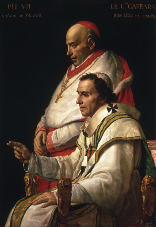Portrait of Pope Pius VII and Cardinal Caprara by Jacques-Louis David — A pope in white vestments points while a cardinal stands behind