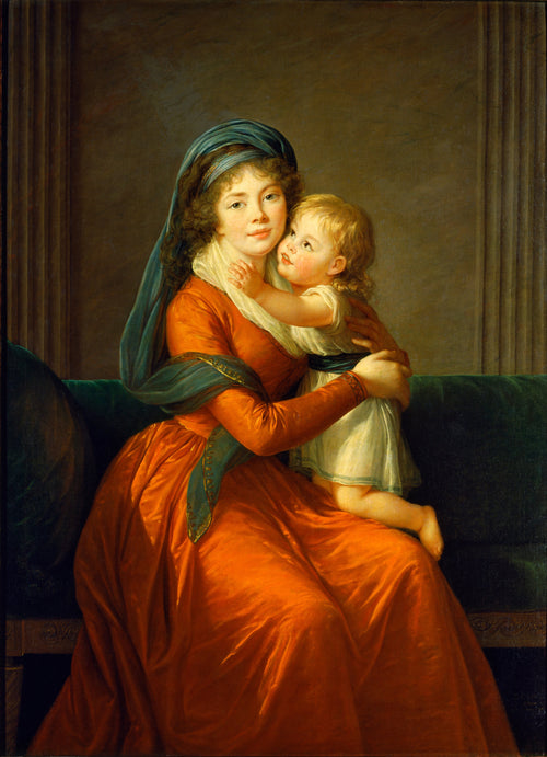 Portrait of Princess Alexandra Golitsyna and Her Son Piotr by Élisabeth Louise Vigée Le Brun — A mother in orange silk hugs her barefoot son on a green sofa