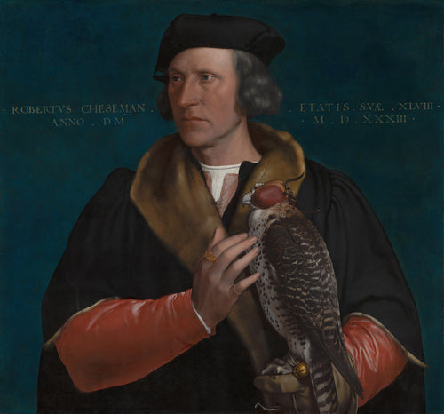 Portrait of Robert Cheseman by Hans Holbein the Younger — A falconer in black and red strokes his hooded falcon