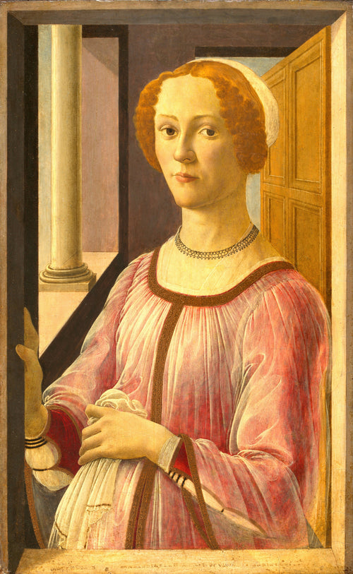 Portrait of Smeralda Bandinelli by Sandro Botticelli — A copper-haired woman at a window holds a sheer white cloth
